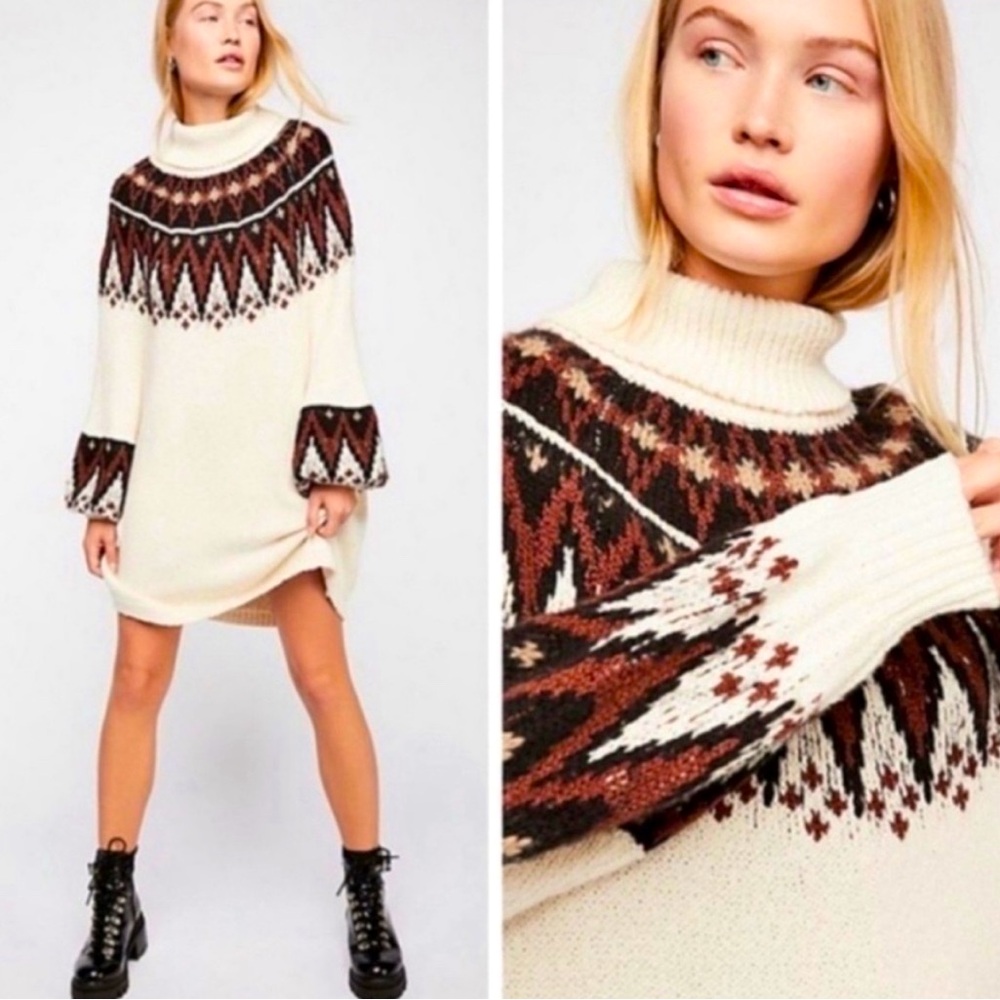 FREE PEOPLE Scotland Sweater Dress Fair Isle Knit Pattern XS